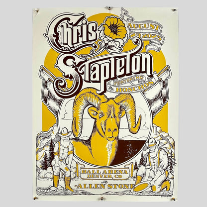 Promotional poster for Chris Stapleton featuring a ram and two figures on a yellow and white background.