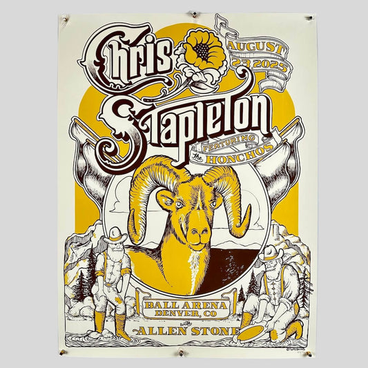 Promotional poster for Chris Stapleton featuring a ram and two figures on a yellow and white background.
