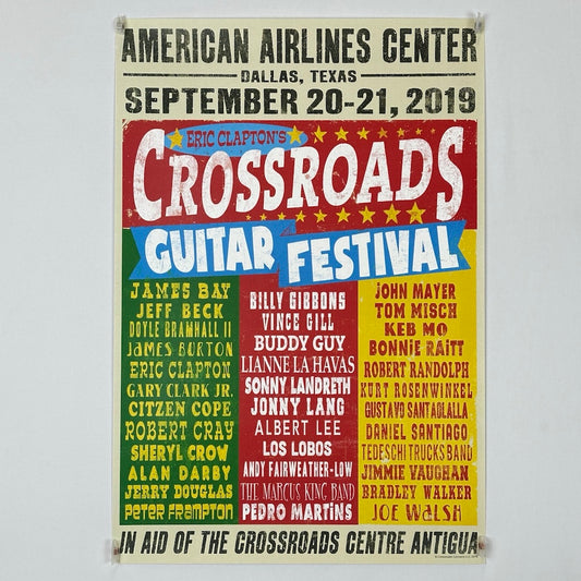 Poster with three multi colored columns of artists below event name and info. 