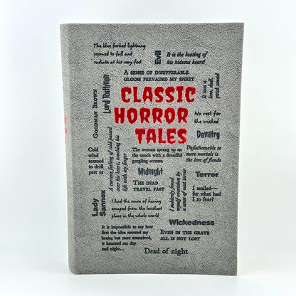 Book titled 'Classic Horror Tales' with text design on a gray background