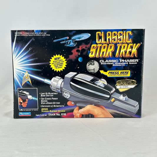 Classic Star Trek Phaser box with Star Trek branding and imagery against white background.