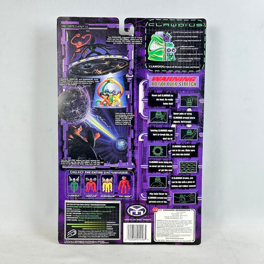 Back view of a toy action figure packaging with purple and black design