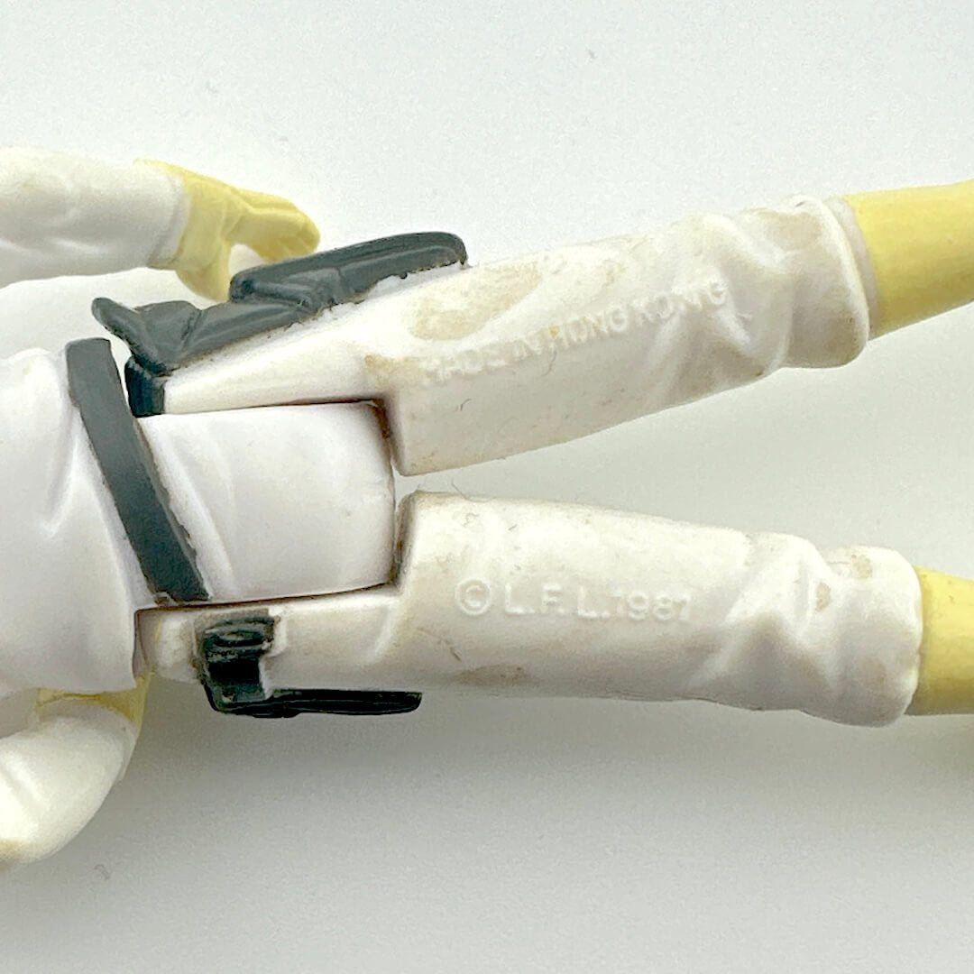 Close-up of back of figure's legs to show COO and copyright information. 