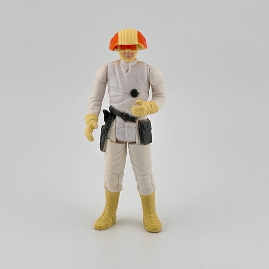 Figure wearing cream colored uniform, yellow boots & gloves, black utility belt, orange & yellow helmet & glasses.