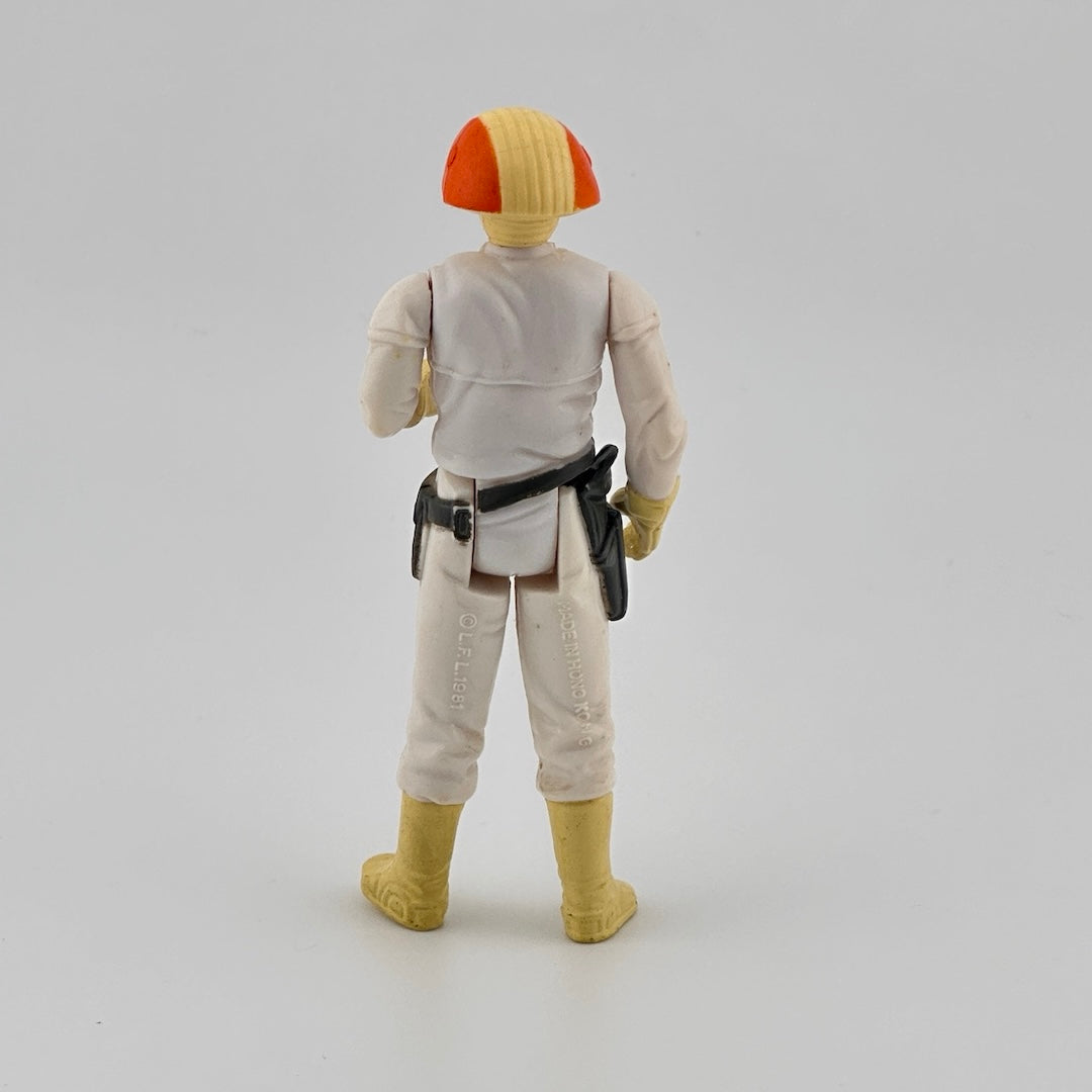 Figure wearing cream colored uniform, yellow boots & gloves, black utility belt, orange & yellow helmet & glasses.