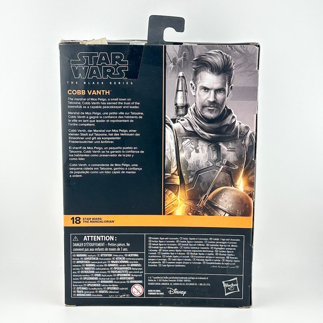 Back of a Star Wars The Black Series figure box for Cobb Vanth, showing character artwork, & product text.