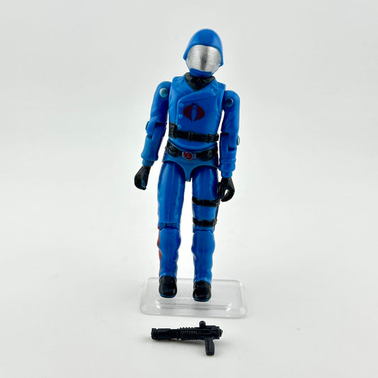 Blue action figure with helmet and weapon on a white background