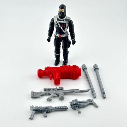 GI Joe Cobra Commander action figure in all black with silver accents, pictured with silver and red accessories. 