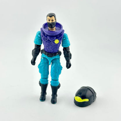 GI Joe action figure in blue and purple outfit with black accents, photographed on white background. 