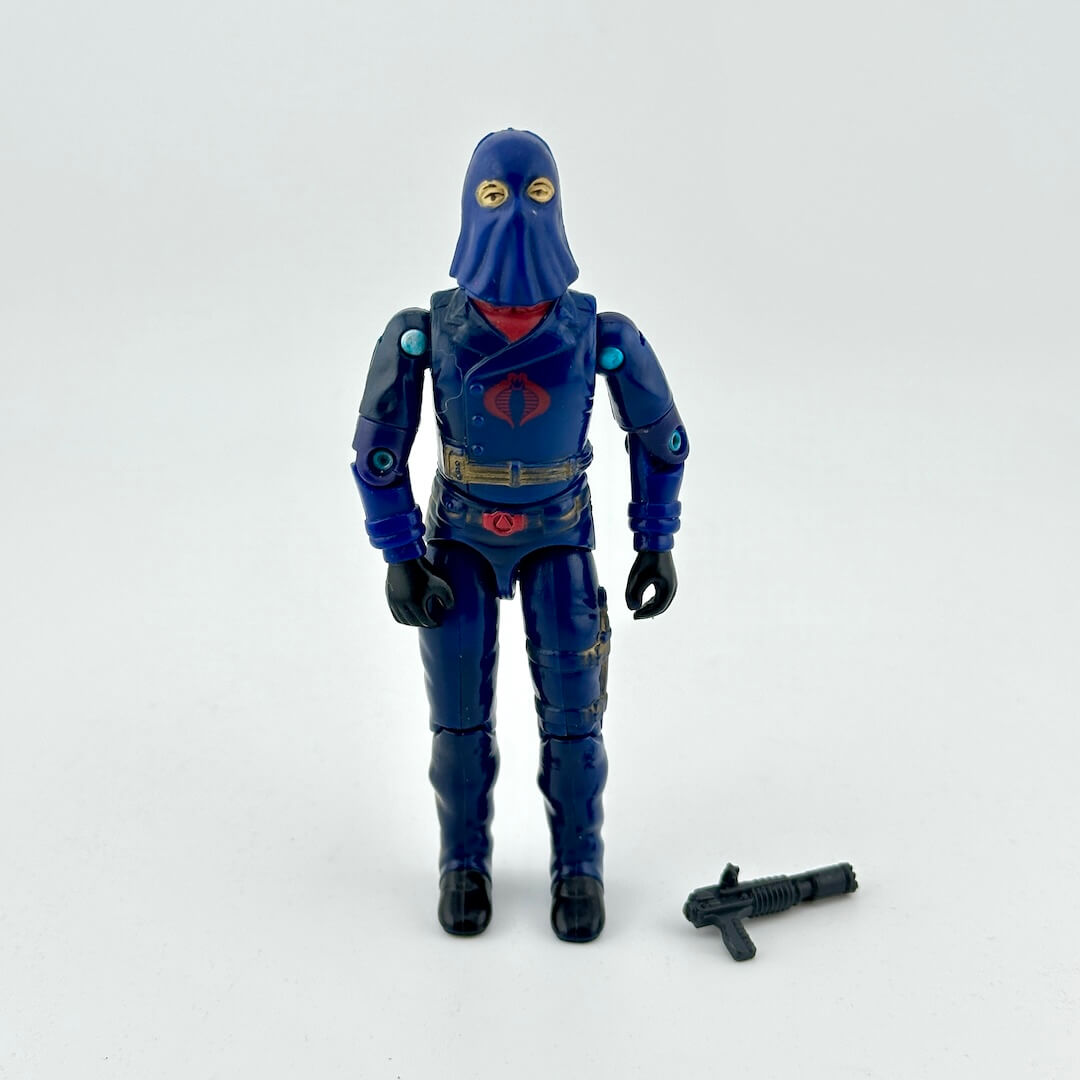 Blue action figure with a hood on a white background