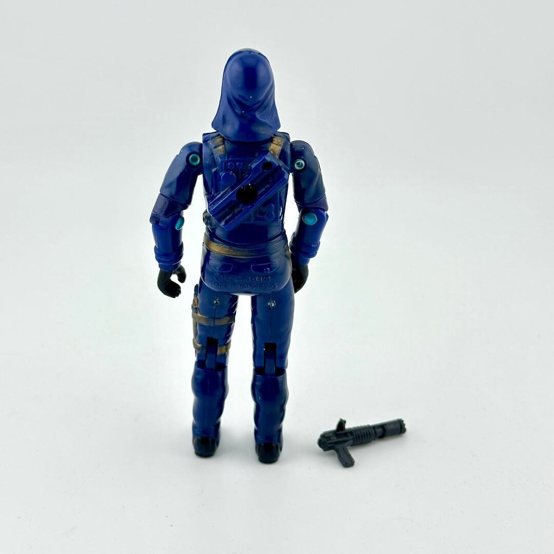 Blue action figure with a weapon on a white background
