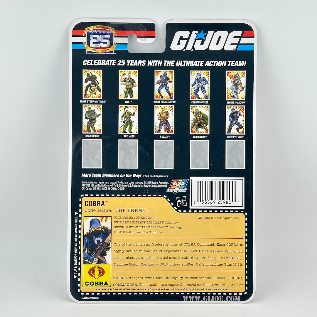 Back of GI Joe action figure in packaging against white background. 