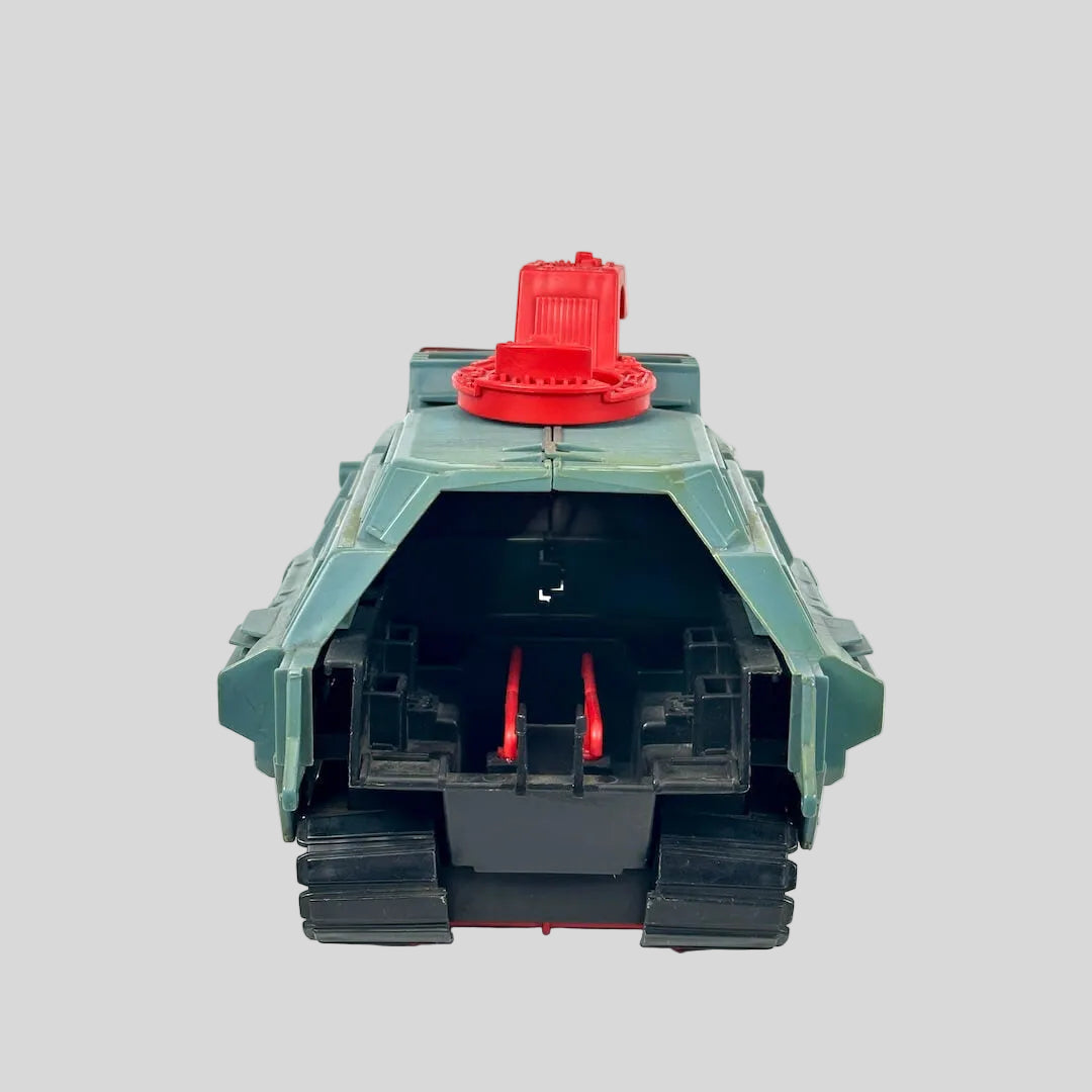 Vintage toy tank with red accents and green-gray body. 