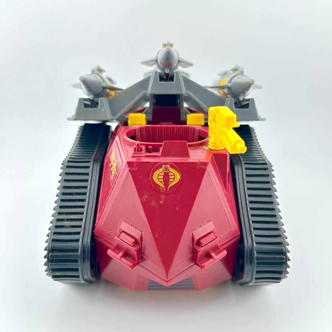 Toy vehicle with a red and gray design on a white background