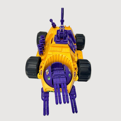 Toy vehicle with orange body and purple accents on a white background