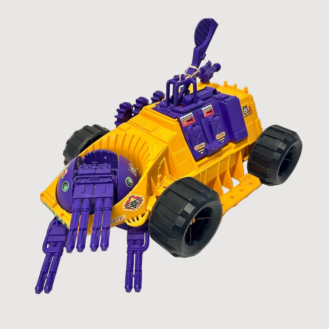 Toy vehicle with purple and orange colors on a white background