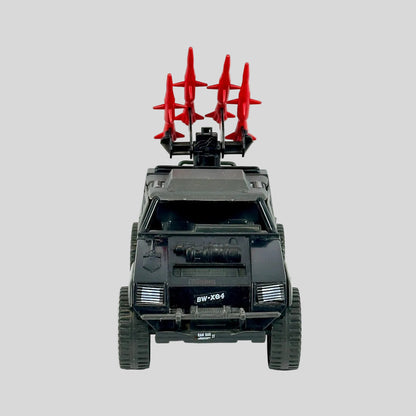 Toy vehicle with red missiles on a white background