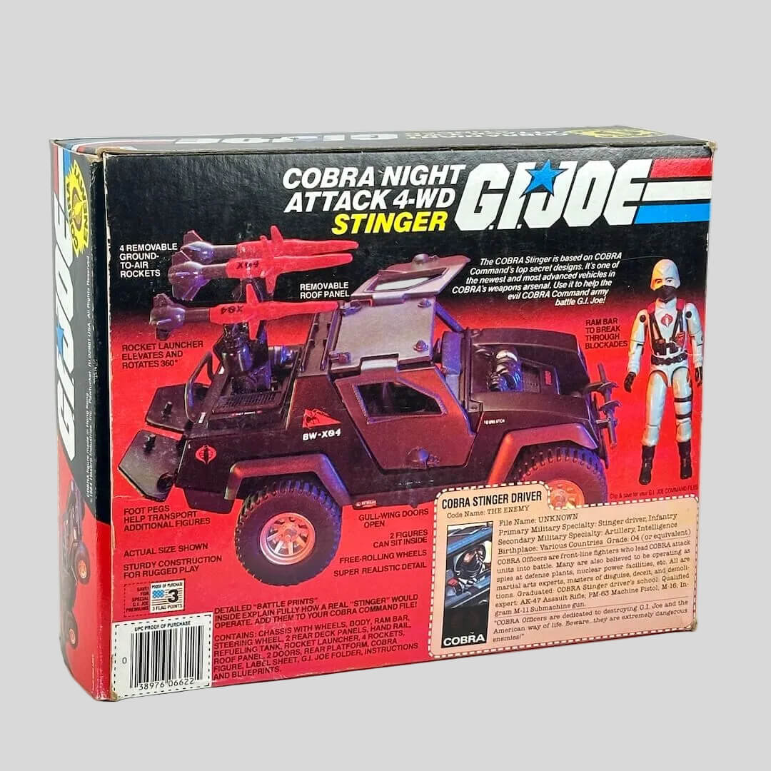 Vintage Gi Joe Cobra Night Attack 4WD Stinger toy box on a gray background