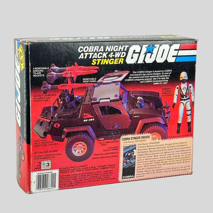 Vintage Gi Joe Cobra Night Attack 4WD Stinger toy box on a gray background