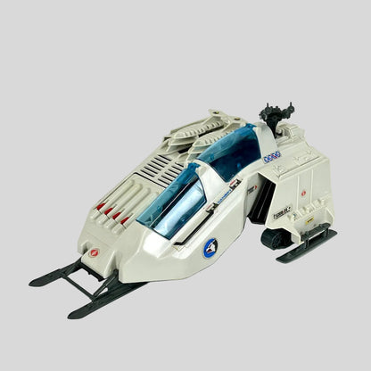 Toy vehicle with a white and blue design on a light gray background