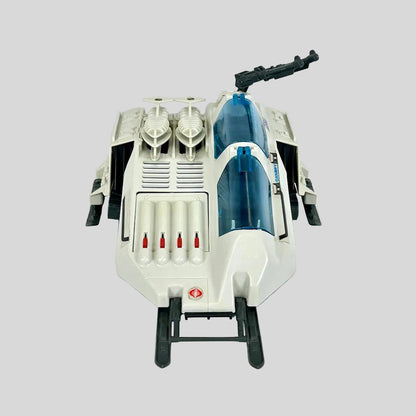 Toy vehicle with a white and blue design on a light gray background