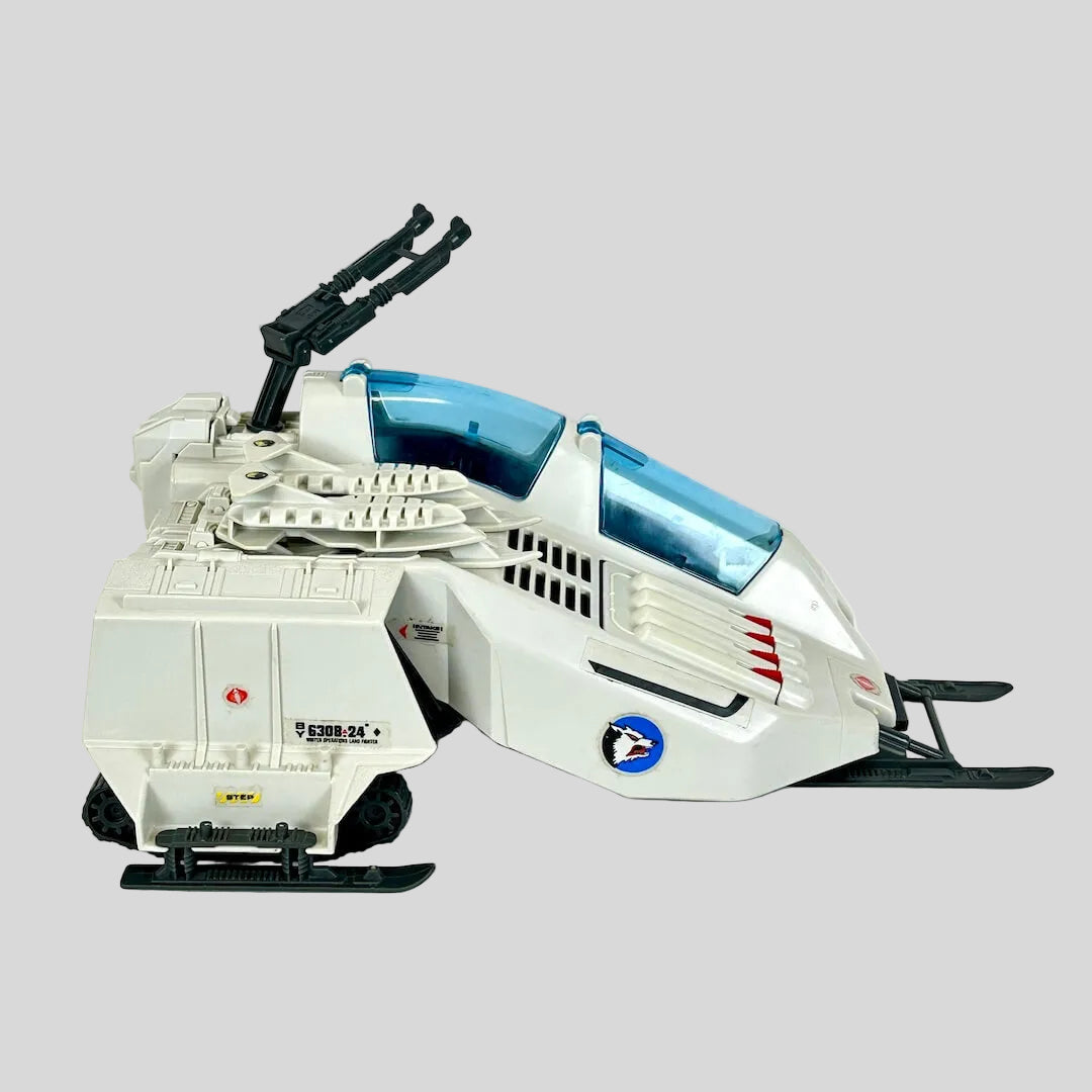 Toy vehicle with a white and blue design on a white background