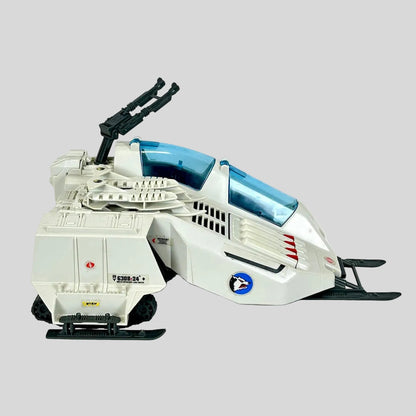 Toy vehicle with a white and blue design on a white background