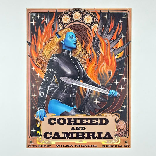 Promotional poster for Coheed and Cambria concert featuring a character with flames and a sword.
