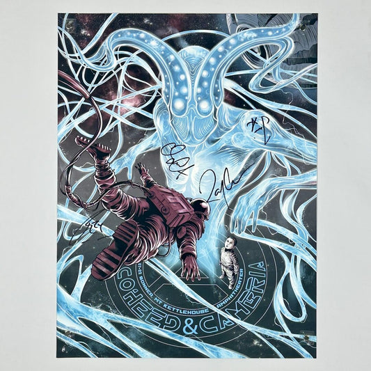Poster of illustration of a person in space suit being attacked by a large creature with a dark background