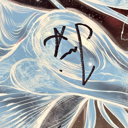 close up of marker signature detail on front of poster towards right side, on shoulder of large blue being. 