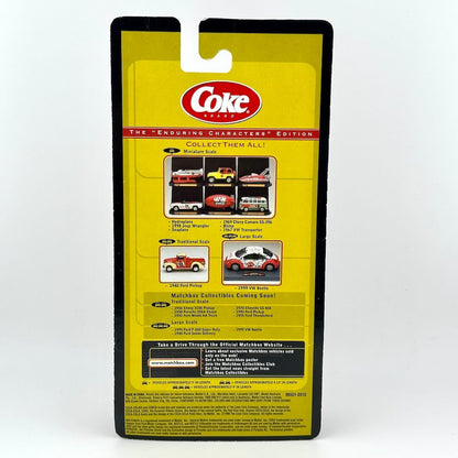 Back of a Coke diecast model car package, showing product details, Coke logo, and images of other available cars.