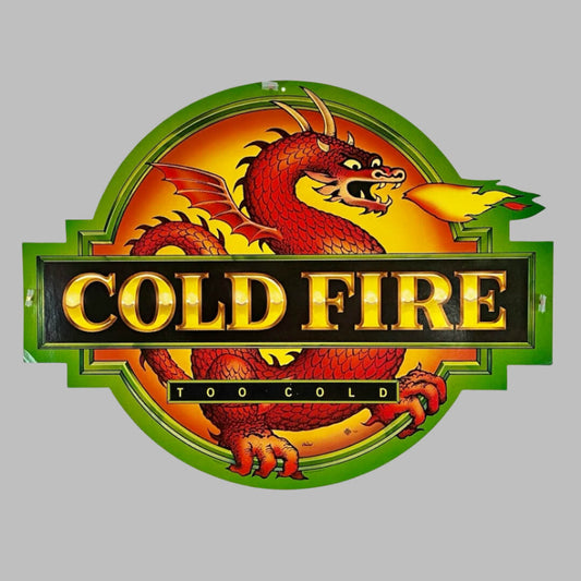 Circle cutout with fire breathing dragon and  banner across center for band name, album name below.