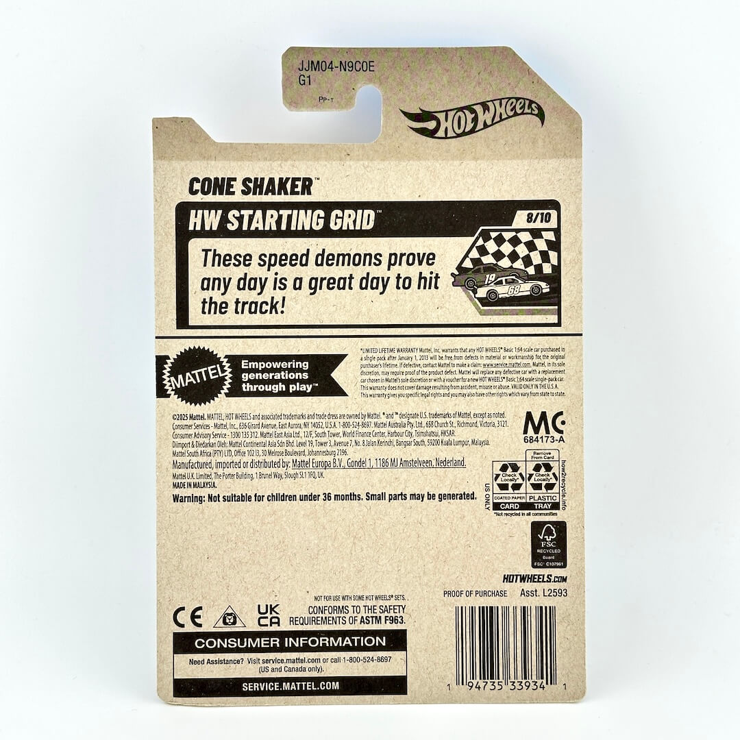Back of a Hot Wheels toy packaging card for the Cone Shaker HW Starting Grid, showing product details.