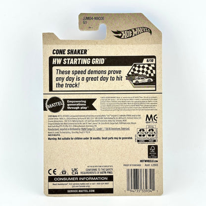 Back of a Hot Wheels toy packaging card for the Cone Shaker HW Starting Grid, showing product details.