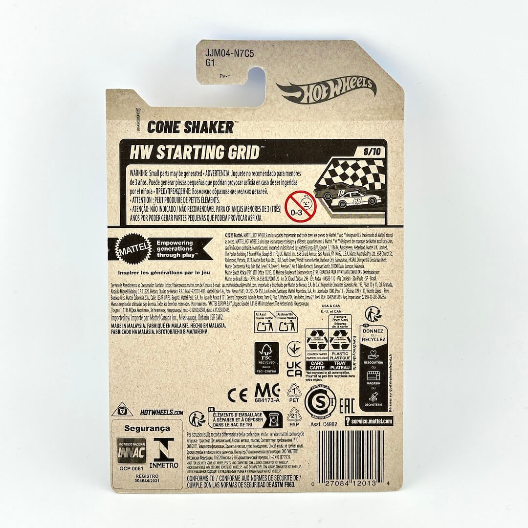Back of a Hot Wheels HW Starting Grid Cone Shaker toy packaging, showing product information, warnings, and logos.
