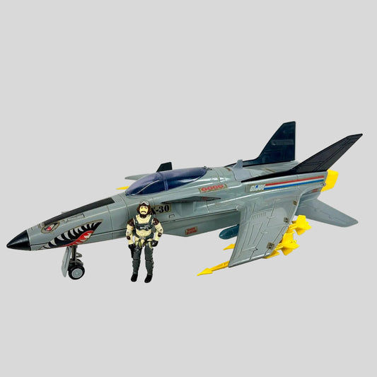 Toy jet with a figure standing next to it on a white background