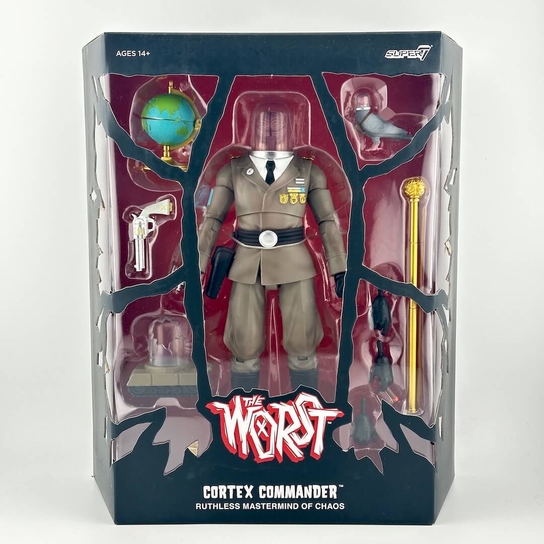 The Worst Cortex Commander action figure in its original window box packaging.