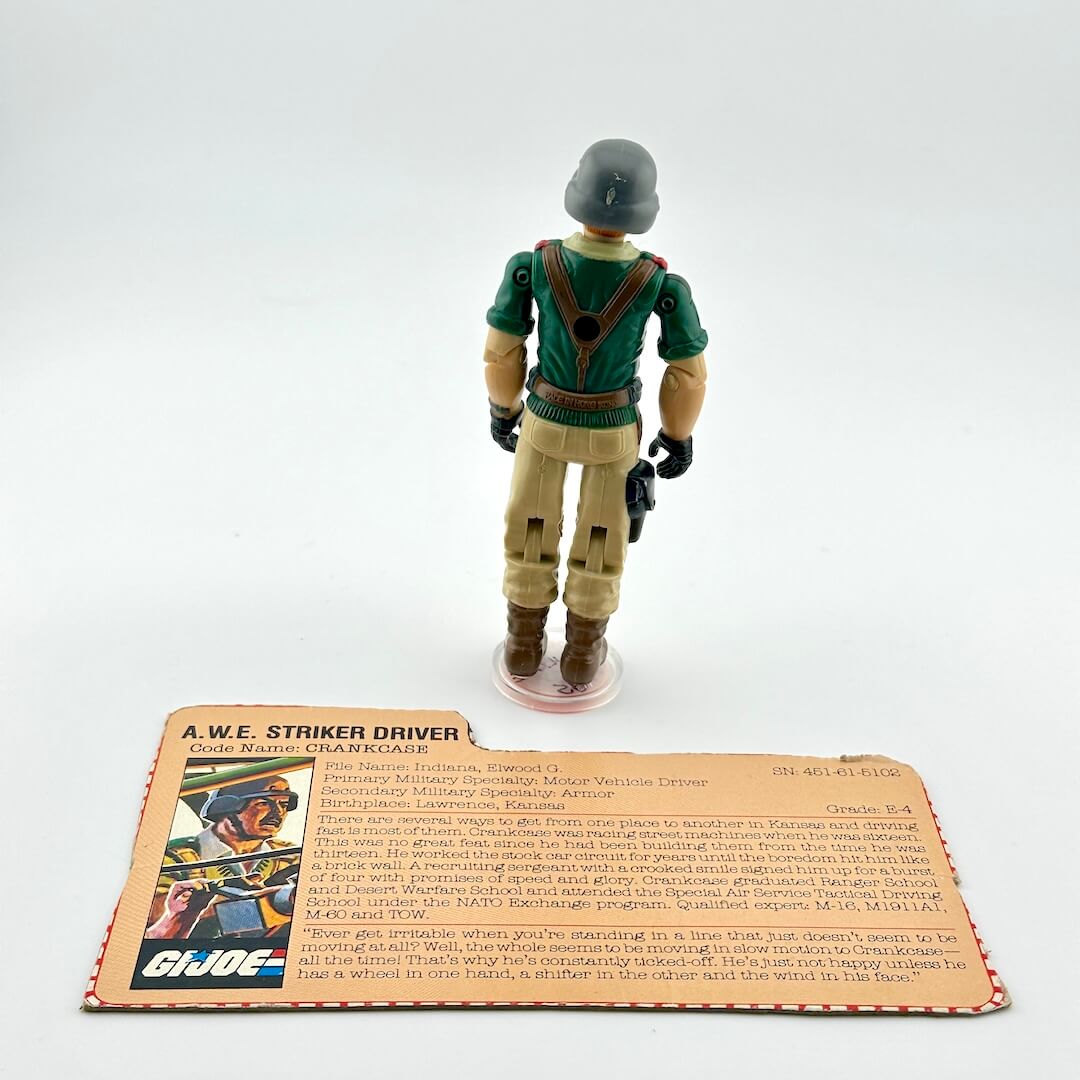 Action figure of a G.I. Joe character with a display card with text