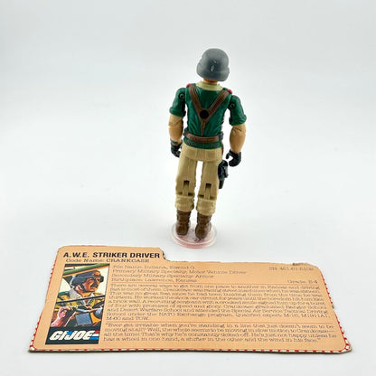 Action figure of a G.I. Joe character with a display card with text