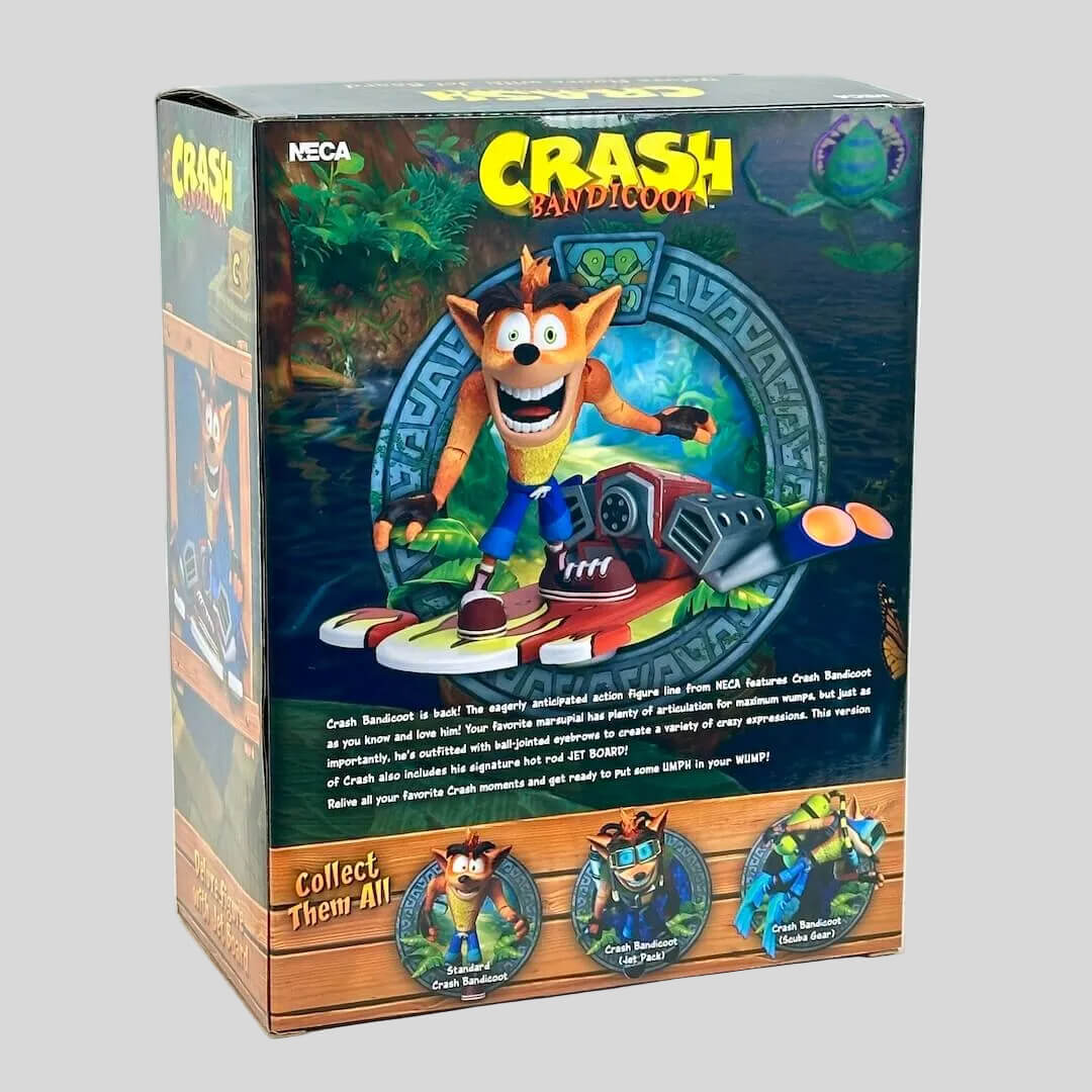 Box packaging of Crash Bandicoot figurine with colorful design and branding.