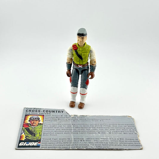 Action figure with a card detailing character information on a white background