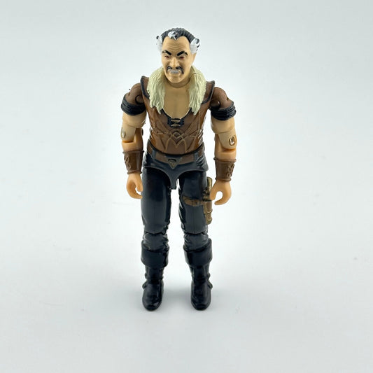 Action figure in brown and black against white background. 