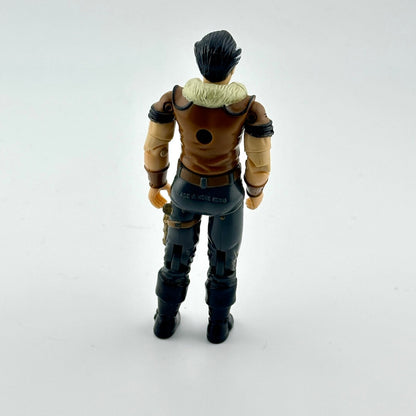 Action figure with brown and black outfit on a white background
