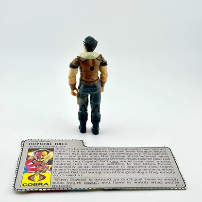 Toy figure with a card detailing character information on a white background