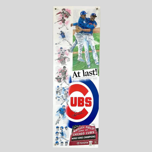 Chicago Cubs-themed banner with baseball players and team logo on a gray background