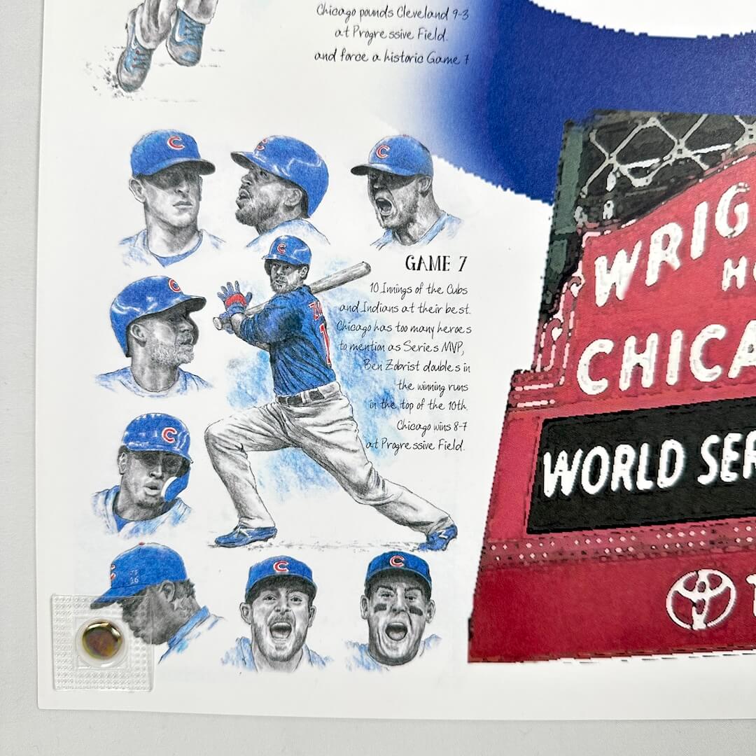 Illustrations of baseball players with a World Series sign in the background