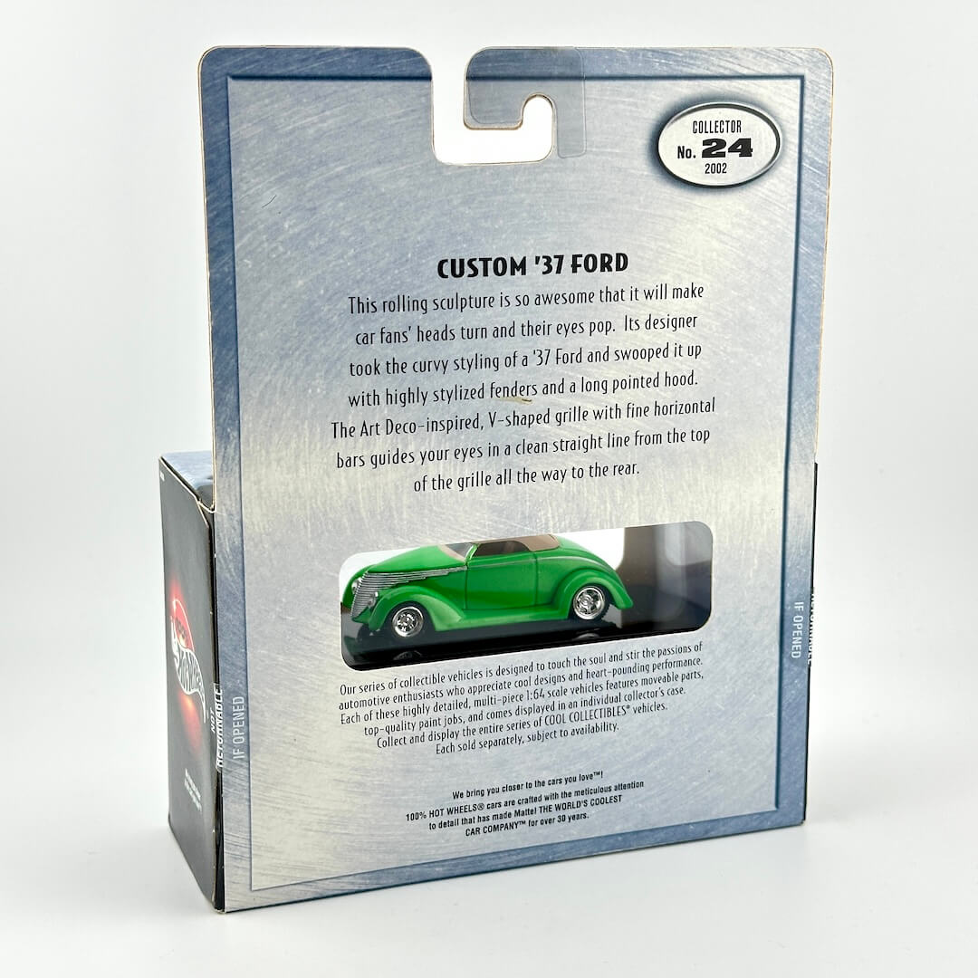 Custom '37 Ford collector diecast model car in its original back-sleeve packaging, featuring a clear window.