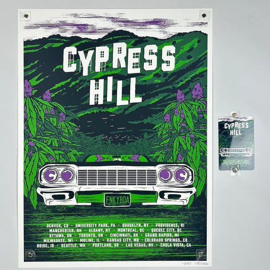 Cypress Hill poster with vintage car and mountain design
