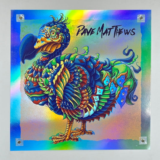 Colorful artwork of a stylized bird with 'Dave Matthews' branding on a rainbow gradient background.