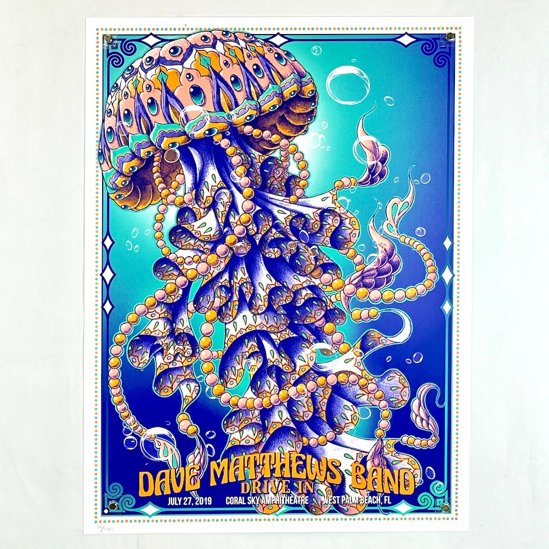 Colorful poster of a jellyfish with 'Dave Matthews Band' text on a blue background